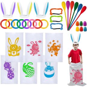 digi Easter Games for Kids and Family- 6 Pcs Potato Sack Race Bags,Egg and Spoon Race,Legged Relay Race Bands Easter Gifts Toys for Kids Outdoor Eggs Hunt Party Favors Activities（Over 3 years old）