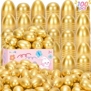 Easter Eggs Empty 100Pcs, Fillable Plastic Golden Eggs for Easter Basket Stuffers Fidget Toy Easter Gifts for Kids Party Favors Pinata Treasure Box Candy Goodie Bags Fillers Egg Hunt Essentials