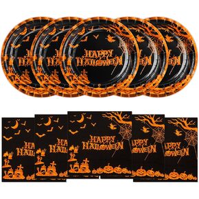 DYLIVeS Halloween Plates and Napkins Party Supplies, Orange Gold Foil Halloween Pumpkin Cemetery Bats Plates and Napkins, Happy Halloween Holiday Disposable Dinnerware Halloween Decorations, Serve 50