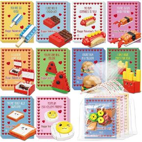 Valentines Cards for Kids Classroom - 30 PACK Food Building Blocks with Valentine Exchange Cards, Valentines Cards for School Classroom, Valentines Party Favors for Kids Boys Girls