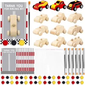 مجموعة رسم Racecar Party Kit - 12 سيارة خشبية غير مكتملة ، دهانات أكريليك ، فرش ، شكر البطاقات ، مثالية لعيد ميلاد السباق واثنين من لوازم الحفلات السريعة