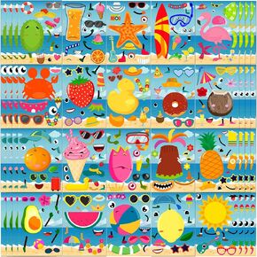 Gersoniel 100 Sheets Summer Make a Face Design Sticker Cute Hawaii Pool Beach Stickers for Kids Bulk Make Your Own Pineapple Flamingo Beverage Decals for Tropical Luau Party Holiday Party Favors