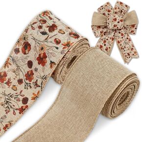 Fall Floral Wired Edge Ribbon Wildflower Ribbon Autumn Farmhouse Fabric Ribbon for Wreath Bow Making DIY Crafts Gift Wrapping, 2 Rolls, 20 Yard