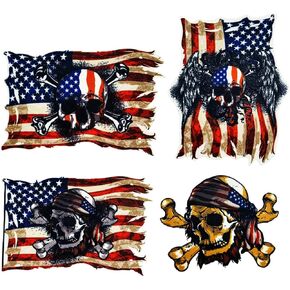 4Pcs Latest Version Multifunctional Patch(not Embroidered Patch), Self-Adhesive Personalized Skull and American Flag Elements Patch Applique for Clothes, Dress, Hat, Suitcase, DIY Accessories