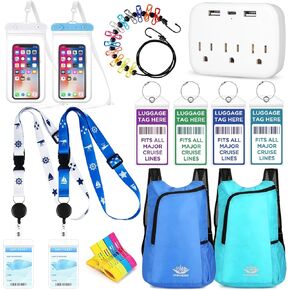 Cruise Must Haves Includes Cruise Luggage Tags, Cruise Lanyard, Waterproof Phone Bags, Travel Clothesline, Portable Backpack, Towel Clips, Power Strip for Carnival Essentials Kit (Blue and Pink)