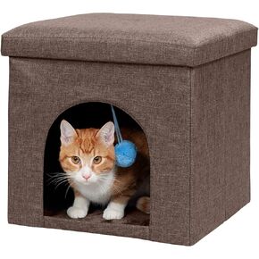 Furhaven Pet House for Indoor Cats & Small Dogs, Collapsible & Foldable w/ Plush Ball Toy - Living Room Footstool Cat Condo - Coconut Brown, Small