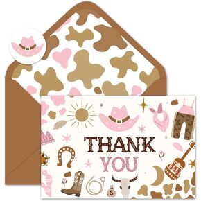 Whaline 24 Pack Cowboy Thank You Cards Blue Brown Cowboy Hat Boots Cow Print Note Cards with Envelopes Stickers Western Theme Greeting Blank Cards for Birthday Baby Shower