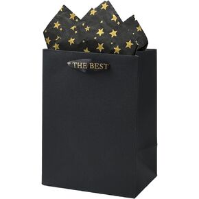 HANSWARE 2 Pack 7.7" Small Black Gift Bags with Handles Paper Gift Bag with Tissue Paper for Weddings,Graduations,Party,Shopping,Retirements,Valentine's Day,5.7" L x 3.9" W x 7.7" H
