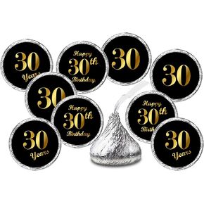 30th Birthday Black Kisses Stickers, (Set of 216) Chocolate Drops Labels Stickers for 30 Birthday, Party Favors Decor for Kisses. Made in USA,