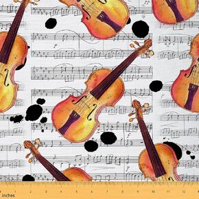 Cartoon Violin Fabric by The Yard Musical Instrument Black Graffiti Fabric for Sewing Supplies Musical Notes Staff Decorative Fabric for DIY Upholstery and Home Accents 1 Yard,36" L x 59" W