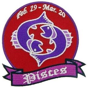 Pisces Zodiac Sign Iron-On Patch, Feb 19-Mar 20, Red and Purple, 3.25 Inches