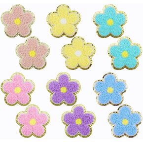 12 PCS Colorful Flower Patches Gold Edges Flower Iron On Patches Chenille Patches Sew On Patches for Dress Clothes DIY Accessories