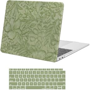 MOSISO Compatible with MacBook Air 13 inch Case M1 2022 2021 2020 2019 2018 A2337 A2179 A1932, Embossed Retro Hibiscus Texture PU Leather Coated Hard Case&Keyboard Skin for MacBook Air 13.3 inch,Green