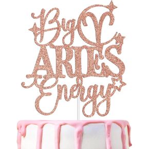 Big Aries Energy Cake Topper ، عيد ميلاد سعيد في مارس/أبريل ، موسم Aries ، 12 مستلزمات زخرفة حفلة عيد ميلاد كوكبة زودياك ، بريق الذهب الوردي