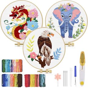 TINDTOP 3 Sets Embroidery Kit for Adult, Embroidery Kit Include Embroidery Cloth Hoops Threads for Craft Lover Hand Stitch with Embroidery Skill Techniques