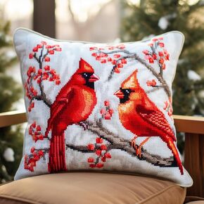 Christmas Red Bird Cardinal Latch Hook Pillow Kit for Adults Throw Pillow Cover with Printed Canvas Hook Crochet Yarn Needle Craft Easy Handmade Cushion for Home Sofa Decoration 43x43cm(10)
