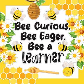 Decorably 48 Pcs Cutouts Bee Bulletin Board Decorations Set with Borders, Bee Themed Classroom Decor - School, Homeschool