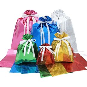 12 Drawstring Goodie Bags, Christmas Party Favor Bags, Present Wrapping Laser Bag, Holiday Treats Bags with Ribbon Ties and Tags in 4 Sizes, for Families Friends Kids in All Occasion of Celebration