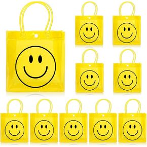 Whaline 12Pcs Smile Clear PVC Gift Bags 7.9 x 7.9 x 3.9 Inch Yellow Happy Face Party Favor Bags with Handle Preppy One Happy Dude Treat Tote Bags for Birthday Holiday Baby Shower Party Supplies