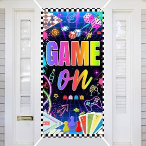 Ticuenicoa Game On Birthday Door Cover - Video Game Birthday Party Decorations Banner | Game Controller Door Sign & Happy Birthday Backdrop for Miner Gamer Party Background Block Night Decor