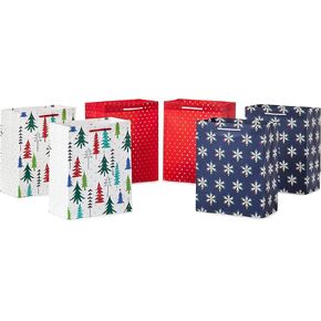 Hallmark 9" Christmas Gift Bags (6 Medium Bags, 3 Designs: Red Polka Dot, Colorful Trees, Navy Snowflake) for Holiday Partes, Winter Weddings, Birthdays