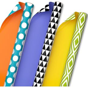 Hallmark Modern Wrapping Paper Rolls for Birthday, Graduation, Christmas, Gift Wrap Paper (Set of 3 Reversible Rolls: 75 sq. ft. ttl.) Black, White, Blue, Orange, Yellow & Green for All Occasions