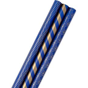 Hallmark Navy Blue and Gold Wrapping Paper Rolls for Graduation, Birthday, Wedding, Father's Day, All Occasion - Metallic Striped and Geometric Gift Wrap Paper (Set of 3 Rolls: 105 sq. ft. ttl.)