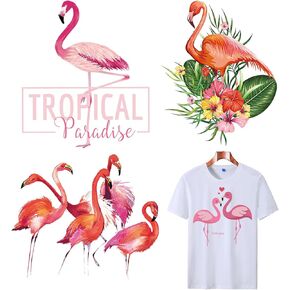 4PCS Flamingo Iron on Transfers, Pink Large Iron on Decals Patches for Clothes, Flower Heat Transfer Vinyl Stickers, Iron on Appliques for T-Shirt Hoodies Jeans Hats Bags Pillow DIY Art Decoration