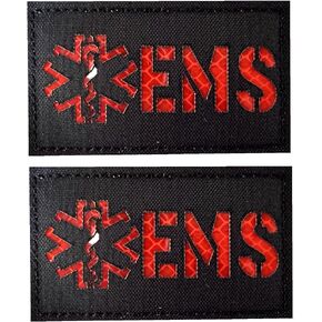 2 pcs Reflective EMS Emergency Medical Services Reflective Patches Vests EMT Star of Life Patch Hook and Loop Patch (Black-White)