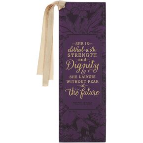 Christian Art Gifts Premium Faux Leather Bookmark for Women: Strength & Dignity Inspirational Bible Verse, Purple