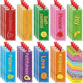 60 PCS Fruit of the Spirit Wordmarks for Kids Fruit Fruit Bible Templarks with Ribbon Colonful Paper Papermbles للعودة إلى مدرسة Sunday School Scholar Scholar School Seval