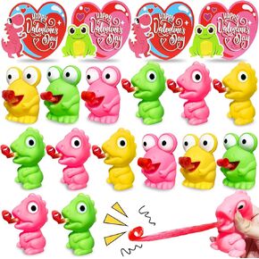Valentines Day Gifts for Kids 24 Pack Valentines Cards with Squeeze Animals Frog Dinisaur Toys Tongue Sticking Out, Sensory Fidget Toys for Boys Girls Classroom Exchange Prizes School Party Favor