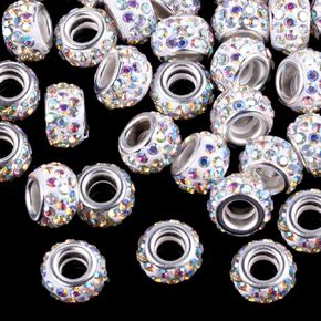50 Pcs 12mm Large Hole White Rhinestone European Rondelle Diamond Hair Beads, Large Hole Spacer Beads for Bracelet, Snake, Chain, Charm