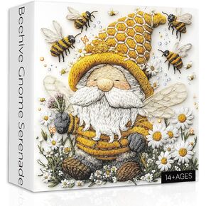 Bee Gnome Puzzles for Adults 1000 Pieces, Embroidery Honey Bee Flowers Garden Jigsaw Puzzles, Spring Gnome Plant Puzzle as Floral Decor