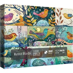 Bird Art Fun Puzzles for Adults 1000 Pieces, Challenging Animal Plant Tree Jigsaw Puzzles, Colorful Collage Beautiful Retro Puzzle