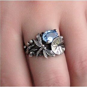 Women's Vintage 925 Silver Thai Silver Blue Topaz Lotus Leaf Dragonfly Rings Wedding Party Jewelry Gift