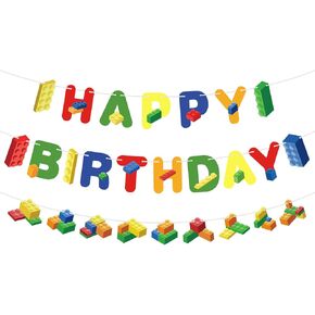 Hooqict Building Block Birthday Banner Building Block Birthday Party Decorations Happy Birthday Banner Building Bricks Party Garland Banner Blocks Theme Birthday Party Supplies for Kids Boys Girls