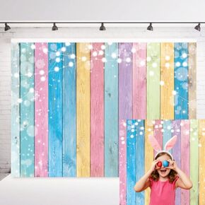 INRUI Colorful Wood Photography Background Easter Pastel Colored Wood Decorations Banner Easter Theme Kids Birthday Baby Shower Party Photo Backdrop (8x6FT)