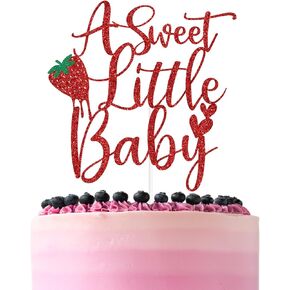 Red Glitter A Sweet Little Baby Cake Topper, Berry Sweet Baby/A Little Strawberry is on the Way, Strawberry Themed Baby Shower Party Decorations Supplies