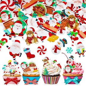 300 Pieces Christmas Cake Decorations Cupcake Topper Christmas Supplies Wafer Stand Up Discs Birthday Cake Decor for Christmas Theme Party Cake Cupcake Santa Clause Xmas Tree Snowman