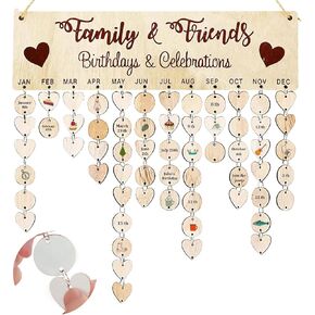 Family and Friends Calendar, DIY Wooden Birthday Calendar Wall Hanging Birthday and Celebrations Reminder Plaque with 50 Round Discs and 50 Heart Tags for Family Friends Birthday Reminder Home Wall Decor