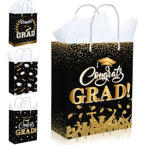 Outus 4 Pack Large Graduation Gift Bag with Tissue Paper, Congrats Gift Bag with Handle for Gifts 2025 Graduation Party Favors for College, High School, Nursing School(Black)