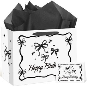 Black Bow Birthday Gift Bag Large Coquette Black Bow Gift Bag with Wrapping Paper and Greeting Card Bow Birthday Gift Wrap Paper Bag Black White Birthday Gift Bag for Girls Birthday Party Decoration