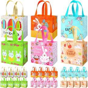 Sayglossy 48 Pcs Happy Easter Egg Hunt Bags with Handle Bunny Carrot Chick Gift Bags Easter Baskets Reusable Non Woven Tote Bags for Egg Hunt Game Gift Wrap Easter Holiday Party, 8.3x7.9x5.9 Inch