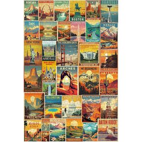Vintage United States Travel Puzzles for Adults 1000 Pieces, American Landscape Collage Jigsaw Puzzle Including 35 Landmarks Posters，Retro Nature Scenic Puzzle Yosemite National Park Statue of Liberty