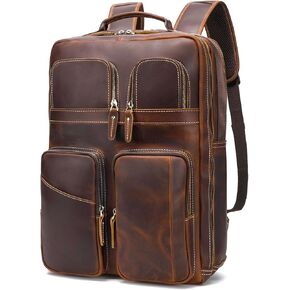 Vintage Full Grain Leather Backpack for Men, Multifunctional Pockets 17.3" Laptop Travel Daypack Shoulder Rucksack