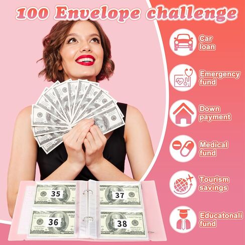 100 Envelopes Money Saving Challenge Binder,Budget Binder with Cash Envelopes & Tracker, Savings Challenges Book to Save $5,050, Budget Planner for Budgeting Binder Saving Money (Pink) in Saudi Arabia