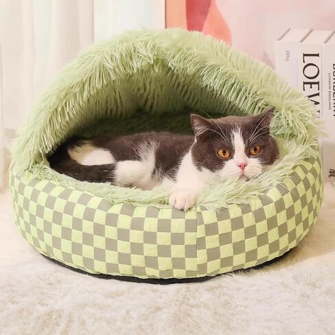 Cat Bed Hooded Plush Nest with Self-Warming Cozy Cave, Calming Anti-Anxiety Pet Bed for Indoor Cats & Small Dogs, Removable Washable Cover & Waterproof Bottom - Green in Saudi Arabia