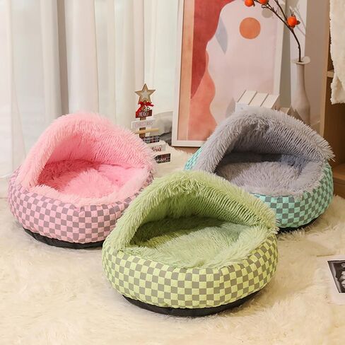 Cat Bed Hooded Plush Nest with Self-Warming Cozy Cave, Calming Anti-Anxiety Pet Bed for Indoor Cats & Small Dogs, Removable Washable Cover & Waterproof Bottom - Green in Saudi Arabia