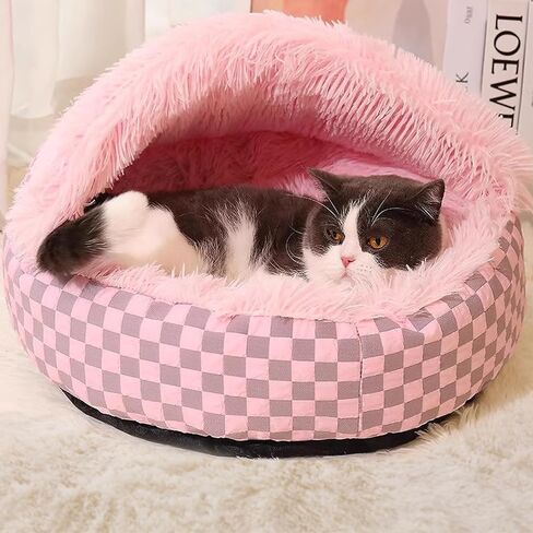 Cat Bed Hooded Plush Nest with Self-Warming Cozy Cave, Calming Anti-Anxiety Pet Bed for Indoor Cats & Small Dogs, Removable Washable Cover & Waterproof Bottom - Green in Saudi Arabia
